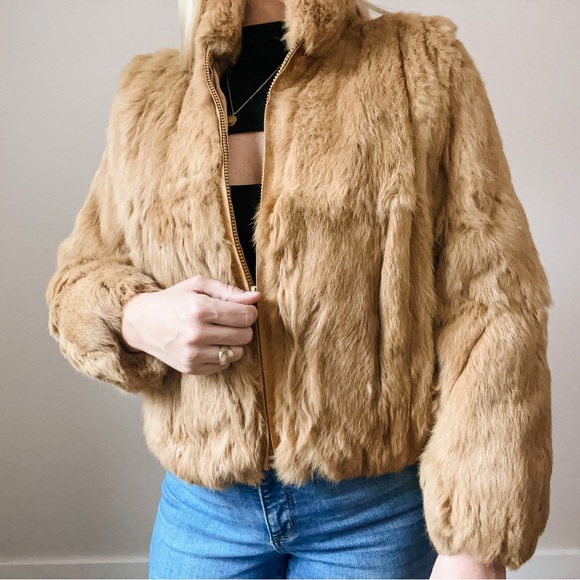 Vintage Caramel Genuine Rabbit Fur Bomber Coat - Picture 2 of 16